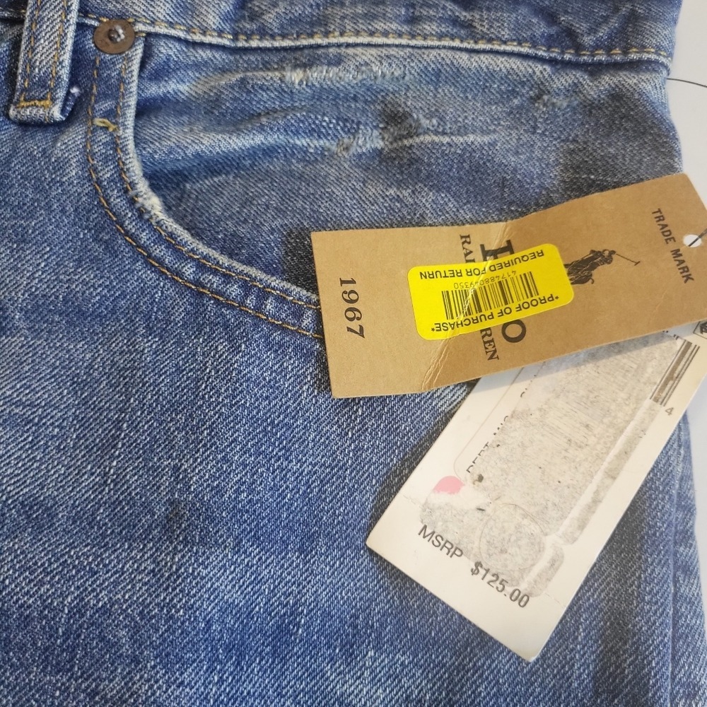 Polo Ralph Lauren Varick Slim Straight Mens Jeans 38x32 Medium Wash Distressed - Picture 5 of 14